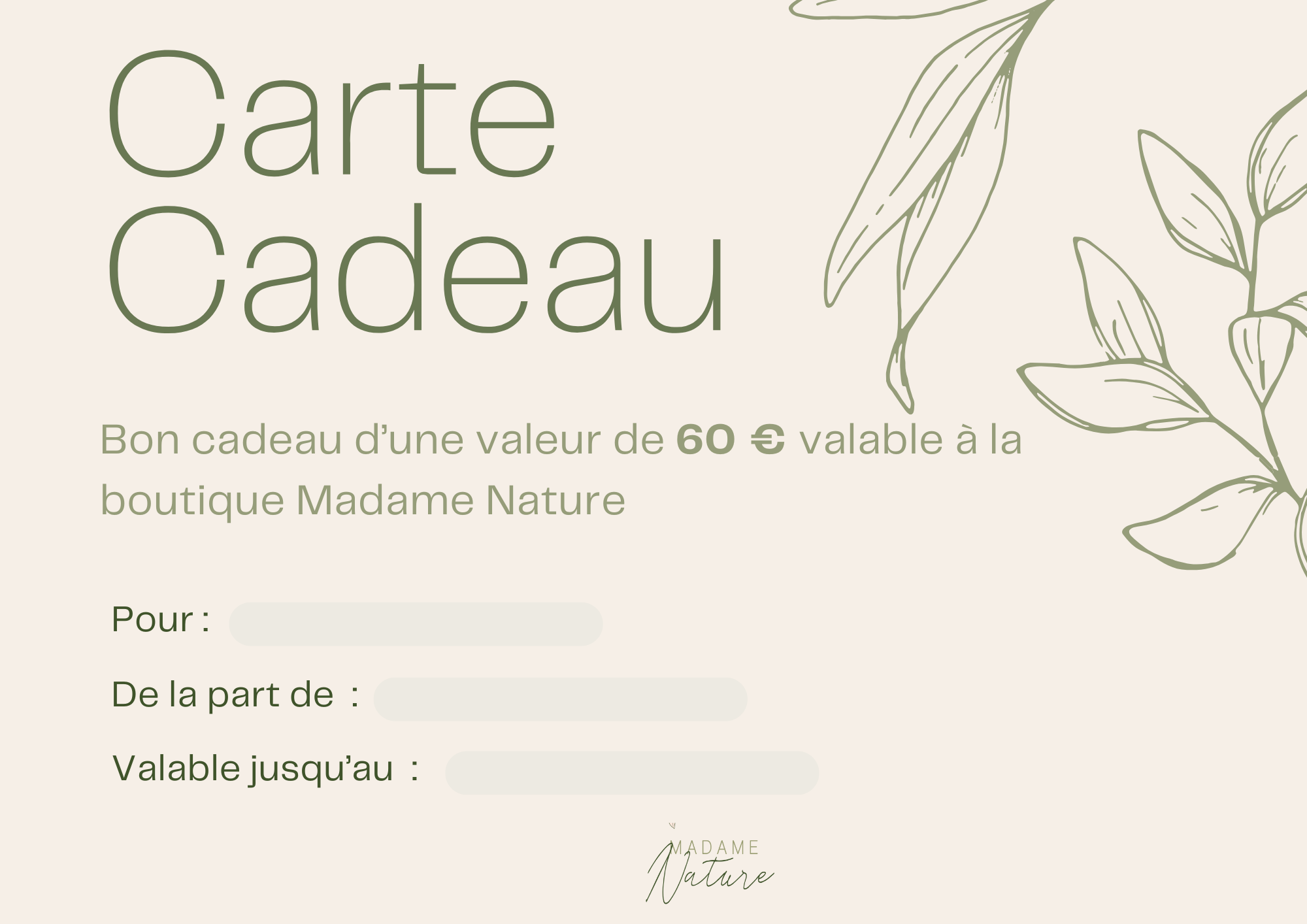 Bon cadeau d’une valeur de 60 € – Madame Nature