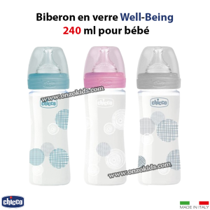 Biberon en verre Well-Being anti-colique 240 ml pour bébé 0m+ – Chicco